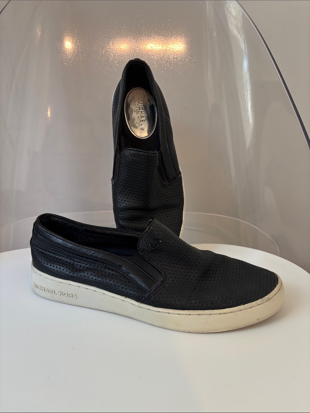 Michael Kors Black Perforated Leather Slip-On Sneakers with White Sole